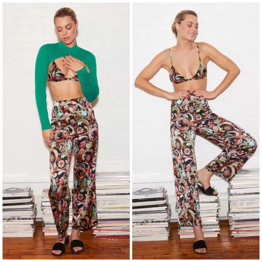 Fleur du Mal Black Psychedelic Paisley Scrolls Stretch Silk Spandex Pants Medium